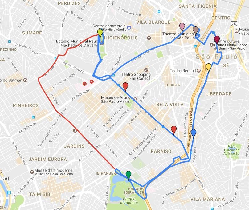 Karta kružni туризмо Sao Paulo- linije